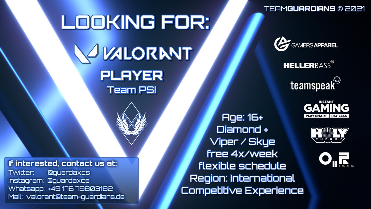 guardaxcs's tweet photo. ++ LOOKING FOR VALORANT PLAYER(S) ++
We are urgently looking for @PlayVALORANT
player(s) for our Team Psi.
Requirements and Contact below!
And please share!!
- - -
#teamguardians #guardax
@holy_energy
@teamspeak
@GamersApparel
#valorant #gaming #esport #lookingforplayer https://t.co/v7Rjk20UfG