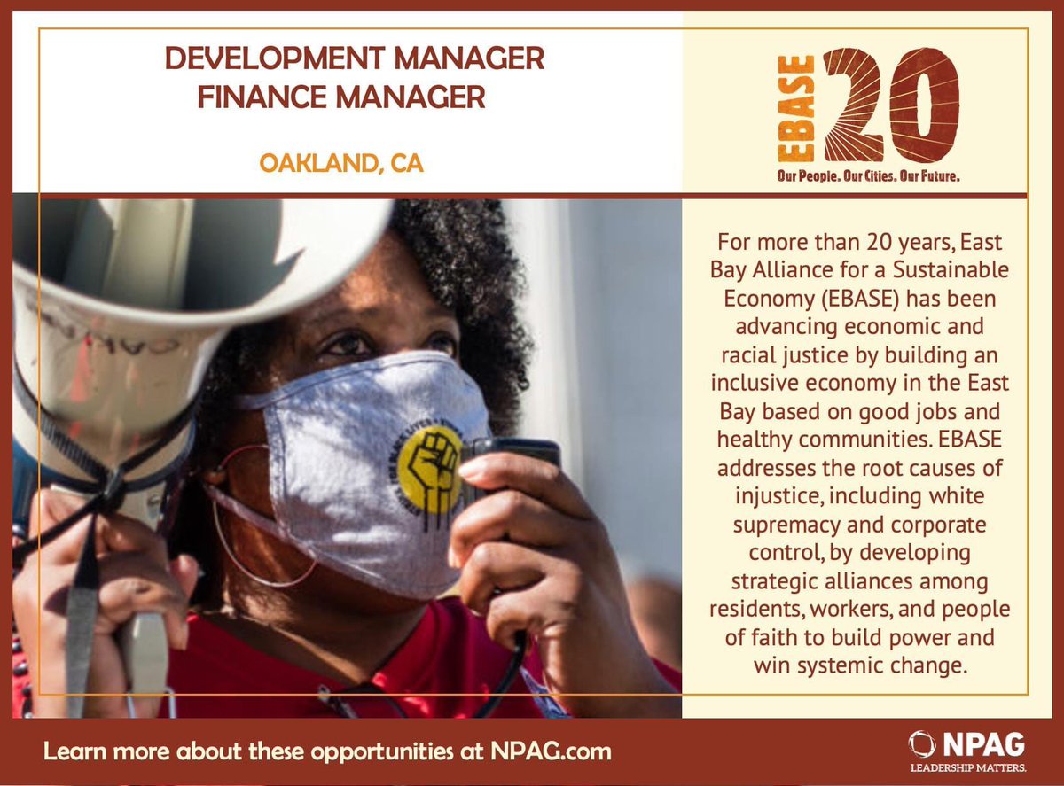 Development Manager and Finance Manager Searches!
Oakland, CA
East Bay Alliance for a Sustainable Economy. 

Visit NPAG.com for nominations and more on the application process. #development #nonprofitcareers #financejob #nonprofitjobs