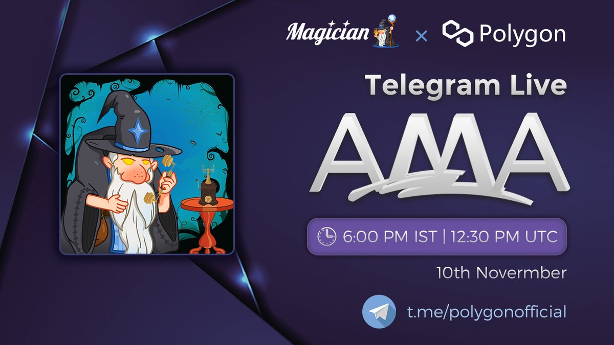 🔮 We’re pleased to join an #AMA with the <a href="/0xPolygon/">Polygon | POL</a> Telegram group!

📌 Venue: t.me/polygonofficial
⏰ Time: 6:00 PM IST | 12:30 PM UTC, Nov 10th

🧙‍♂️ Save the date. You don’t want to miss this!

#Polygon #DEFI #Magician #NFT