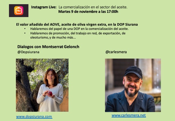 CarlesMera's tweet photo. 👉No te puedes perder el LIVE de mañana: El valor añadido del #AOVE con @MontserratGelonch de @DOP_Siurana Hablaremos de
#promoción, del trabajo en red,#comercializaciónaceite #exportaciónaceite, #oleoturismo,
#marketingtags #aceiteoliva #todoesmarketing #sompagesos #km0 #deProp https://t.co/PFbIm95jkH