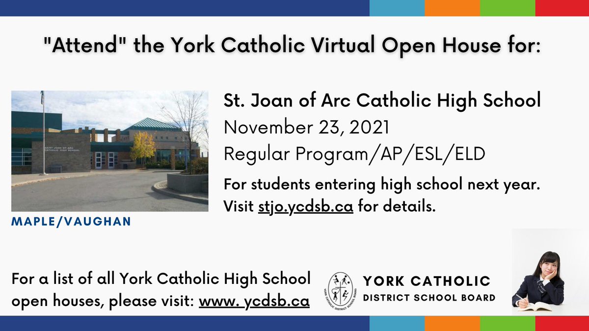 YCDSB's tweet photo. Hey Grade 8s! Which high school will you attend?

These high schools are holding Open Houses next week! 
 ~Holy Cross in #Woodbridge
 ~SBA in #Markham
 ~St. Joan of Arc in #Maple
 ~St. Max in #Aurora

https://t.co/Z1YtW78O6c

#ChoosingYourHighSchool
#SoManyOptions
#HowToDecide https://t.co/AYMDqpWsR0