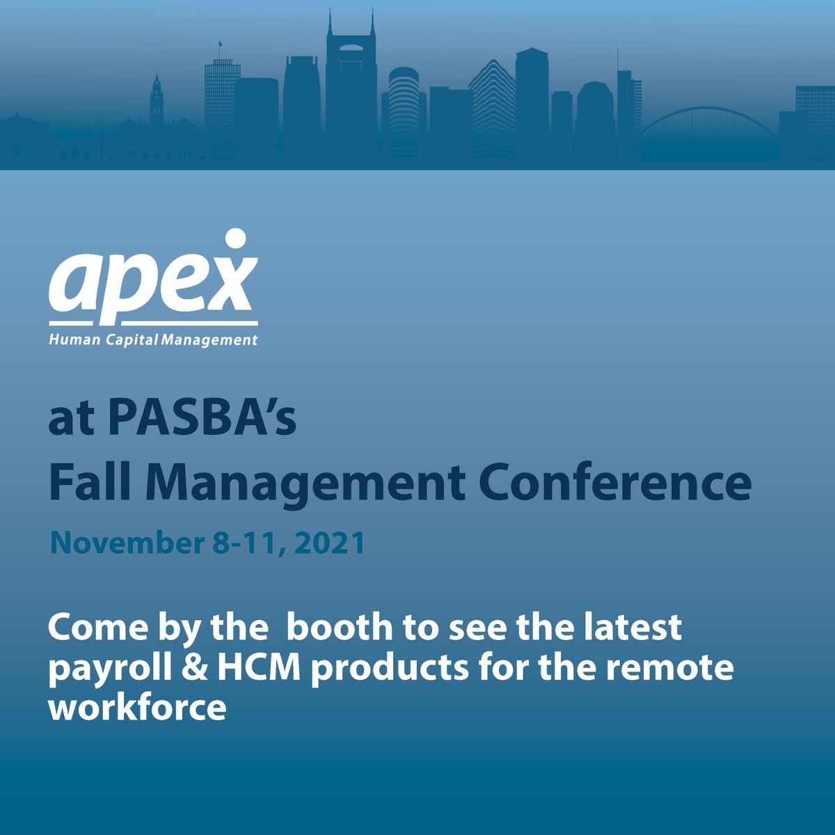 Apex HCM is excited to be at <a href="/PASBAaccountant/">PASBA</a> Fall Management Conference in Nashville, TN this week. Stop by our booth !

#pasba #pasba2021 #payrollservicebureausoftware