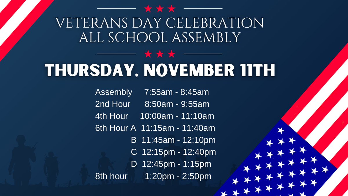 pthsonline's tweet photo. We will celebrate Veterans Day with an all school assembly on Thursday, November 11th in the auditorium.  The daily schedule will be adjusted for the morning assembly. https://t.co/6oNccEqYjl