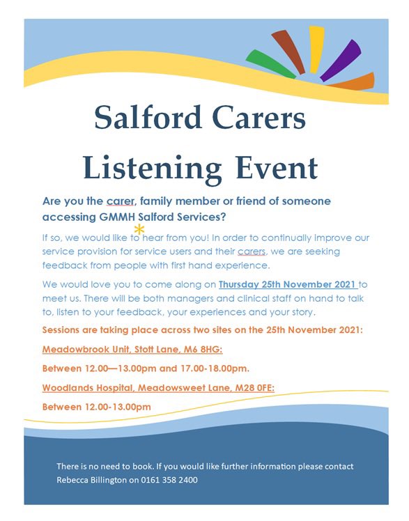 📢 Listening Events are being held at both Meadowbrook and Woodlands on 25th Nov for any carers whose loved one/s are accessing any of the Salford <a href="/GMMH_NHS/">Greater Manchester Mental Health</a> services 📢 Carers champions and leads on hand to listen to your experience and feedback. No need to book, just turn up!!!
