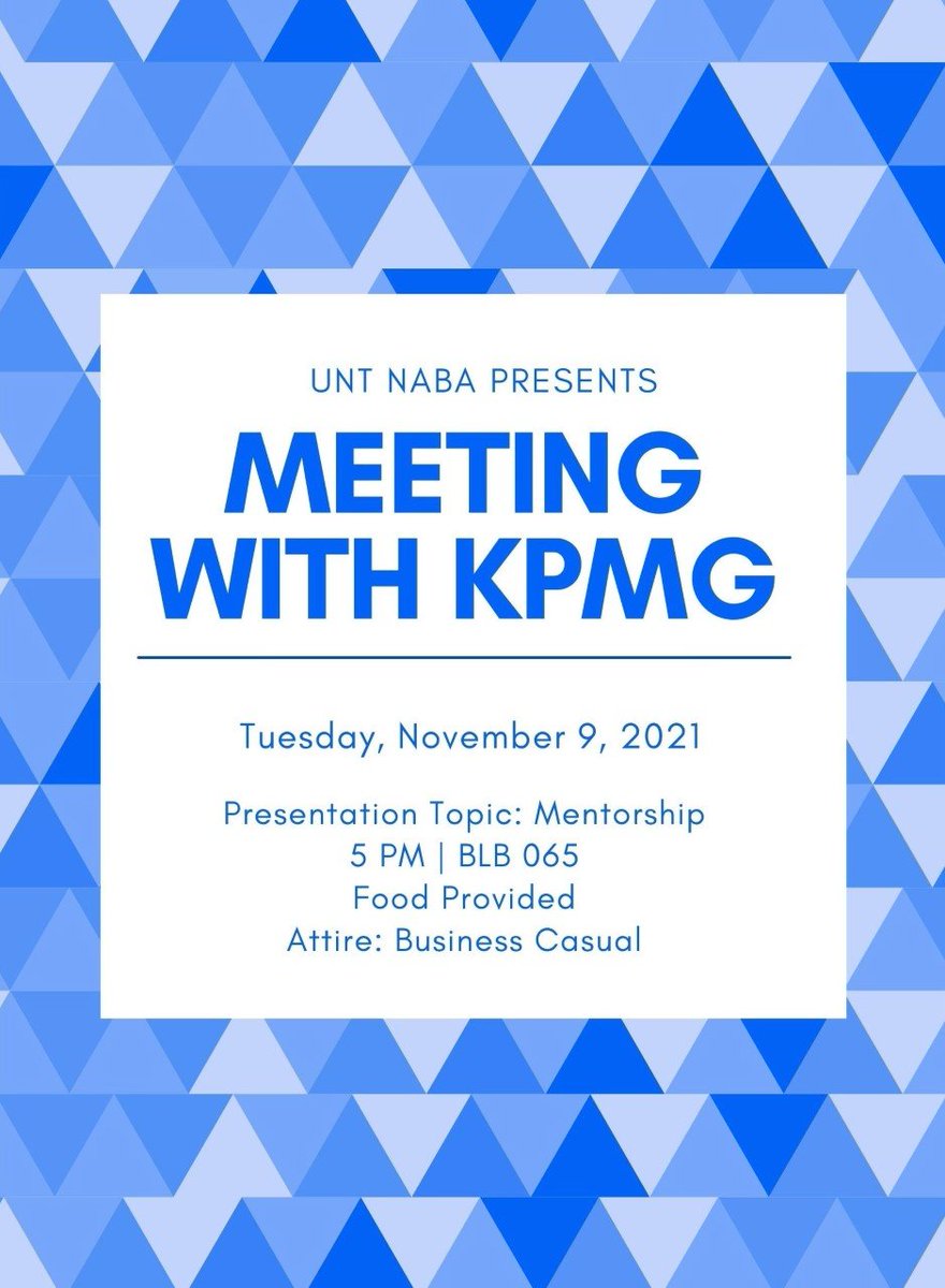 Happy Monday! Please join us this Tuesday at 5 PM for our meeting with KPMG. We will be learning more about the firm and mentorship. We look forward to seeing you there! If you have any questions or comments, please leave them below or DM us. 

Attire: Business Casual