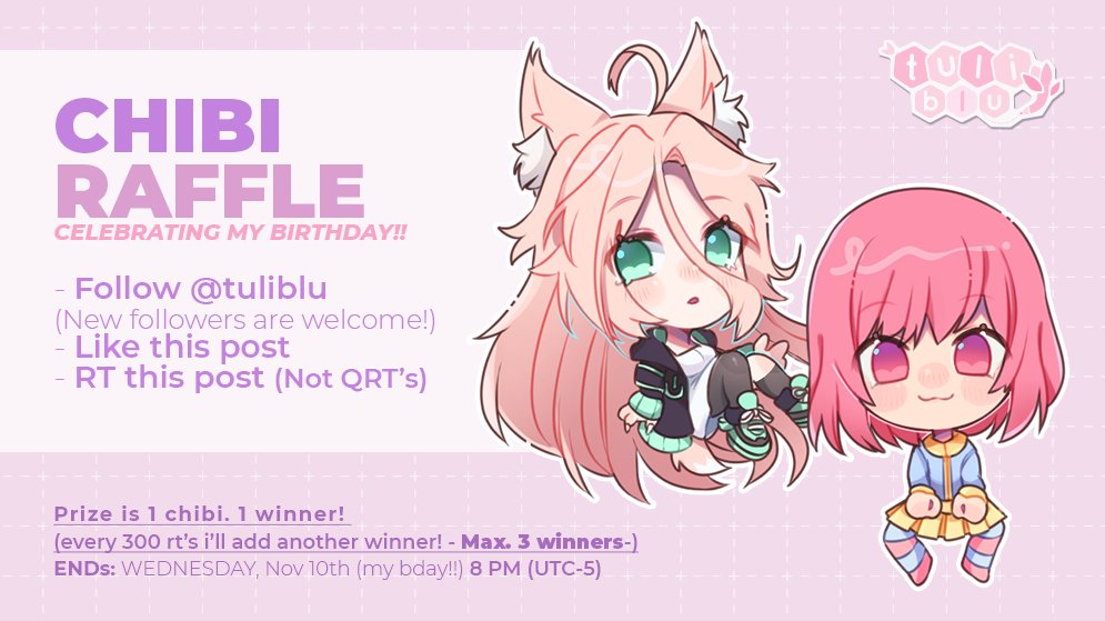 tuliblu's tweet photo. CELEBRATION RAFFLE!! yaaay, it's gonna be really short since my birthday is this wednesday ^^ if you wanna join just follow the rules on the pic!! Thank you all SO MUCH for the support this year!! you are all amazing ❤️💗🥺 https://t.co/xcIFyZFcb8