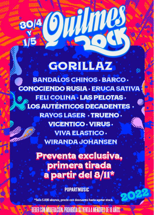 PreludioPosadas's tweet photo. 🦍🦍#Gorillaz encabeza el #QuilmesRock🦍🦍
El festival ya abrió la preventa para sus entradas, teniendo como fecha el Sábado 30 de Abril y el 1 de Mayo de 2022. Aunque todavía no se confirmó el lugar, las entradas ya tiene un precio promocional de entre $7.000 y $13.000. https://t.co/3WGjC93H1t