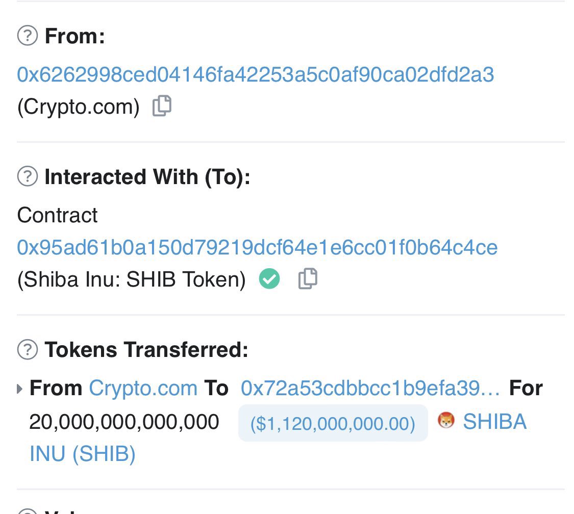 WOAH! This is massive. Who could it be? 

🤔🤔🤔

20,000,000,000,000 Shiba Inu (#SHIB) tokens, worth over $1.13 billion, were transferred from Crypto.com to an unknown address.