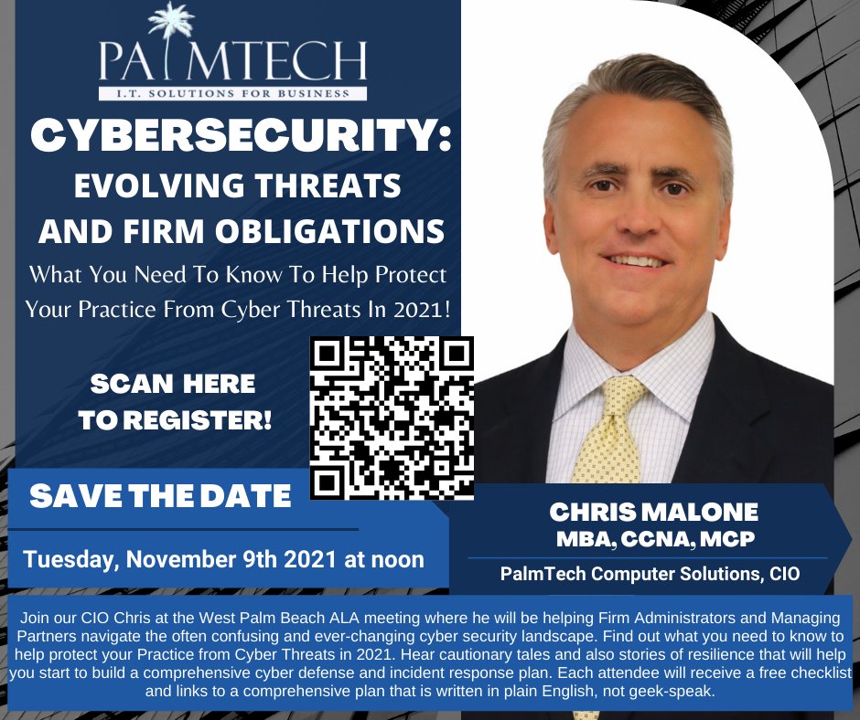 PalmTech's tweet photo. What cyber threats does your legal firm face? Don't miss this free online presentation we will give during tomorrow's ALA meeting on the ever-changing cyber threats legal firms face! Scan the QR code now! https://t.co/7EWiEgxDUC