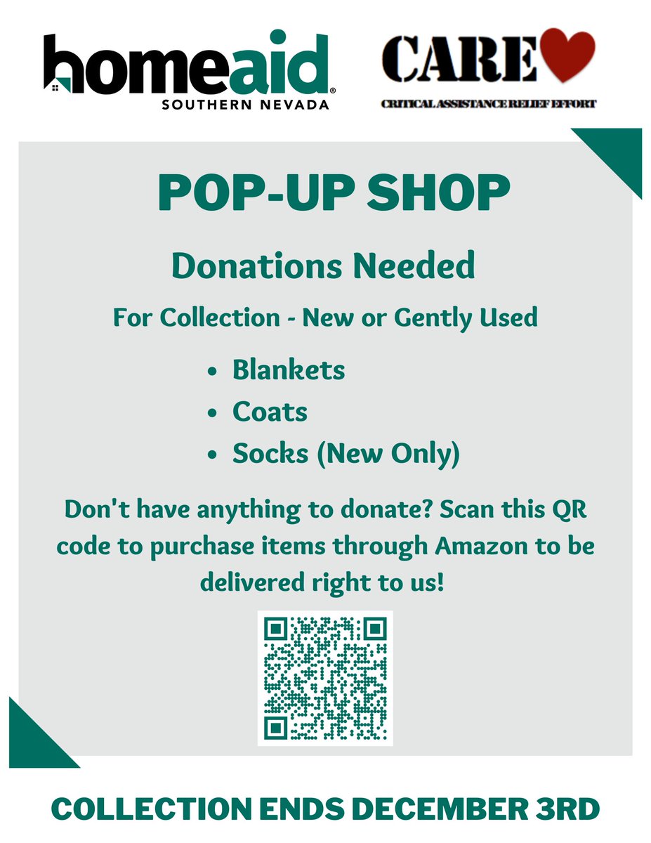 HomeAidSNV's tweet photo. Collection has begun for HomeAid's Winter Pop-Up Shop down at the CARE Complex! Contact Taylor at taylor@homeaidsn.org for a list of drop off sites if you have any donations. If you don't have anything to donate please check out our Amazon Wish List here: https://t.co/5dvgVVAW5v https://t.co/SWFiIn6XE7