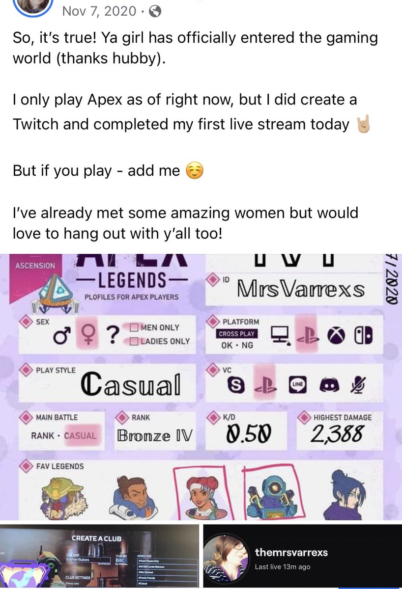 GamingMamaV's tweet photo. In the midst of yesterday I forgot that it was my one year streaming anniversary on Twitch ๐ฎโ๐ผ๐ #OneYear #TwitchAffiliate #TheMrsV #StreamingMama #ApexLegends https://t.co/6zvYNqhSNz