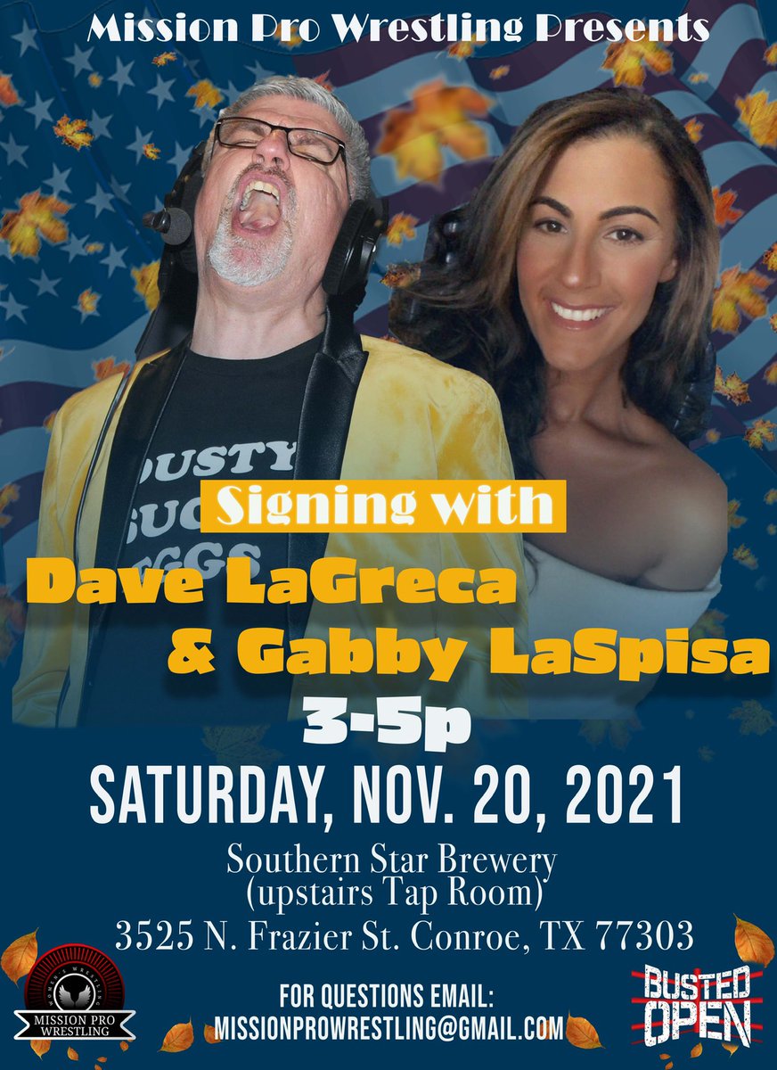 MissionProWres's tweet photo. 🌟 SIGNING ANNOUNCEMENT 🌟 

Join @BustedOpenRadio’s @davidlagreca1 and @GiftofGabSXM on NOV 20th for a special signing before #MPWSeatoShiningSea that night! 

Various pricing and photo opportunities available. 

Get tickets to show that night here: https://t.co/eqpeVZUroP! https://t.co/57sVeX3JLQ