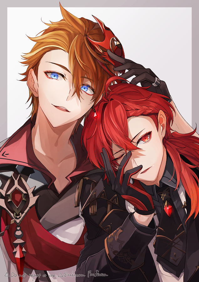 diluc (genshin impact) ,tartaglia (genshin impact) 2boys multiple boys blue eyes red eyes red hair mask male focus  illustration images