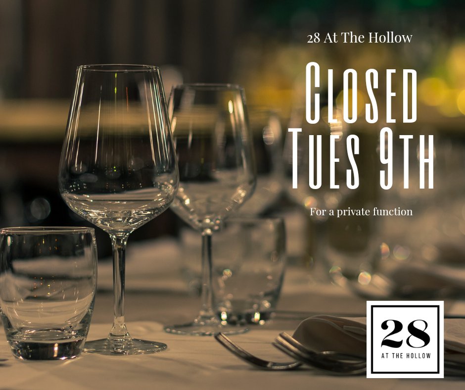 CLOSED TUES 9TH NOVEMBER

We are closed for a private function tomorrow. But will be back open for lunch and dinner as usual on Wednesday. If you would like to enquire about using 28 for a private function of any type drop us a message!