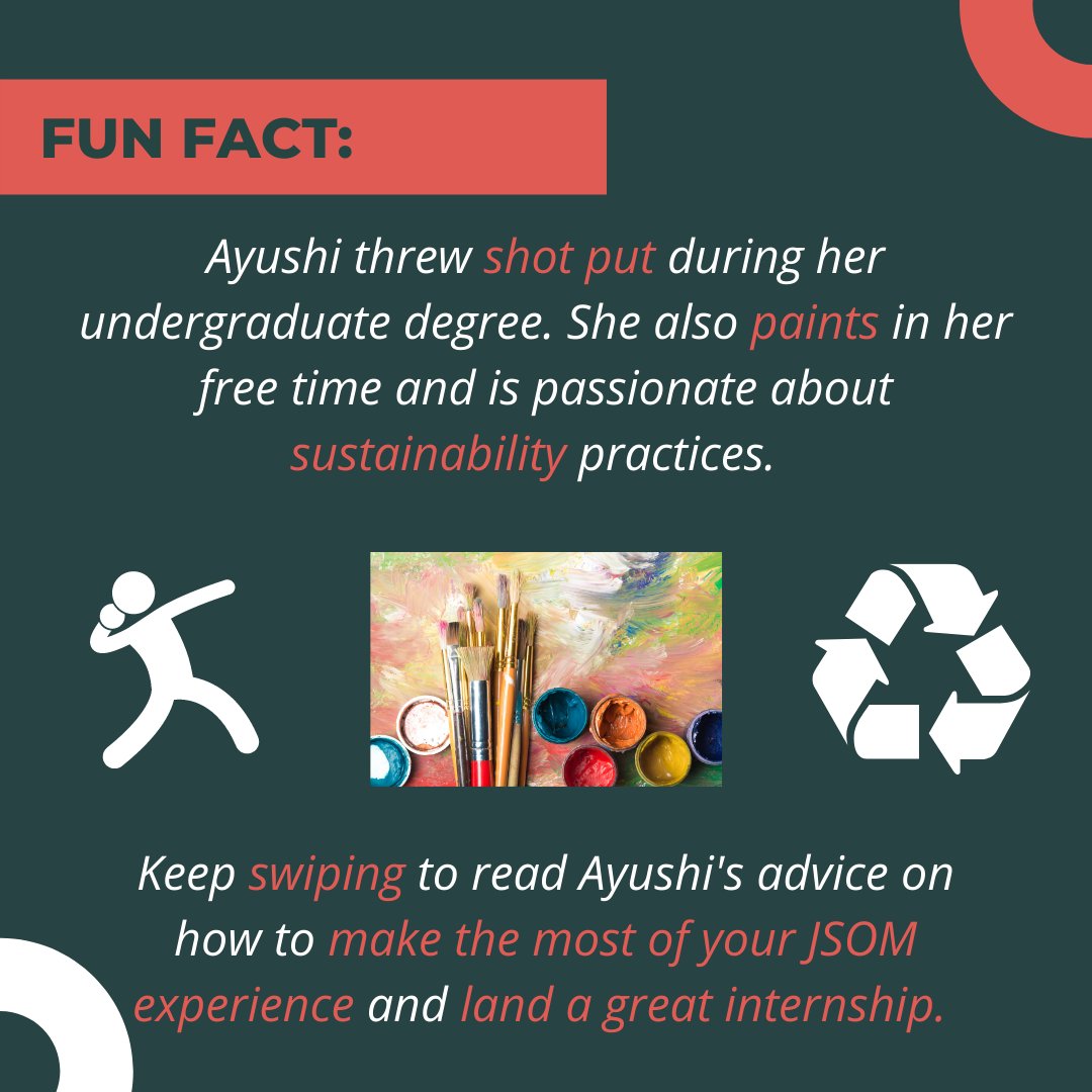 JSOMDeanCouncil's tweet image. Meet Ayushi Bansal… our Faces of JSOM student spotlight this week. Swipe through the pics to learn more about Ayushi and read advice she has to share with her fellow @jindal_utdallas Comets. 

#JSOM #FacesOfJSOM #JSOMDeansCouncil #Success #UTD #Comets