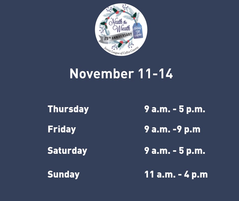 neaththewreath's tweet photo. Welcome to the ‘Neath the Wreath holiday Market week! Get ready to shop with us November 11-14, at the Marriott Dallas Allen Hotel &amp; Convention Center.  🛍🛍🛍

*Tickets are available online, at your local market street, and at the door.

#neaththewreath #jlcollincounty #jlccntw https://t.co/55e5pZSSYl