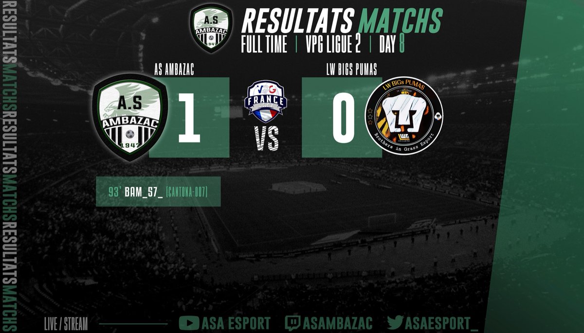 🔙 𝐑𝐄́𝐒𝐔𝐋𝐓𝐀𝐓𝐒 𝐌𝐀𝐓𝐂𝐇𝐒
🇫🇷 <a href="/VPGFrance_/">VPG France</a> 

🏆 𝑳𝒊𝒈𝒖𝒆 𝟐
🆚 <a href="/BiGsPUMAS/">BiGs PUMAS</a> 
🟢 𝗩𝗶𝗰𝘁𝗼𝗶𝗿𝗲 𝟭 - 𝟬

😳 𝗕𝗮𝗠 qui vient délivrer l’équipe lors de cette 8️⃣ème 𝗝𝗼𝘂𝗿𝗻𝗲́𝗲 !

#TEAMASA ⚪️⚫️