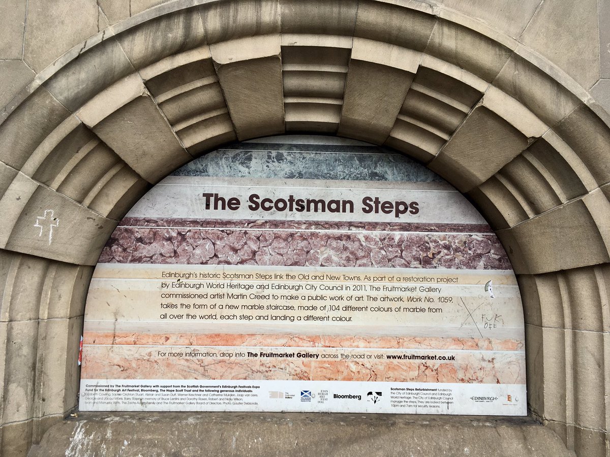 claire_horwell's tweet photo. As several people worked out, I was at the astoundingly beautiful, yet also quite stinky-public-toiletesque #ScotsmanSteps in #Edinburgh. 104 spiral steps of different polished rocks by @martincreed near Waverley Station. The blue &amp; green marbles &amp; ammonite steps are my favourite https://t.co/GhEnmOhsC8