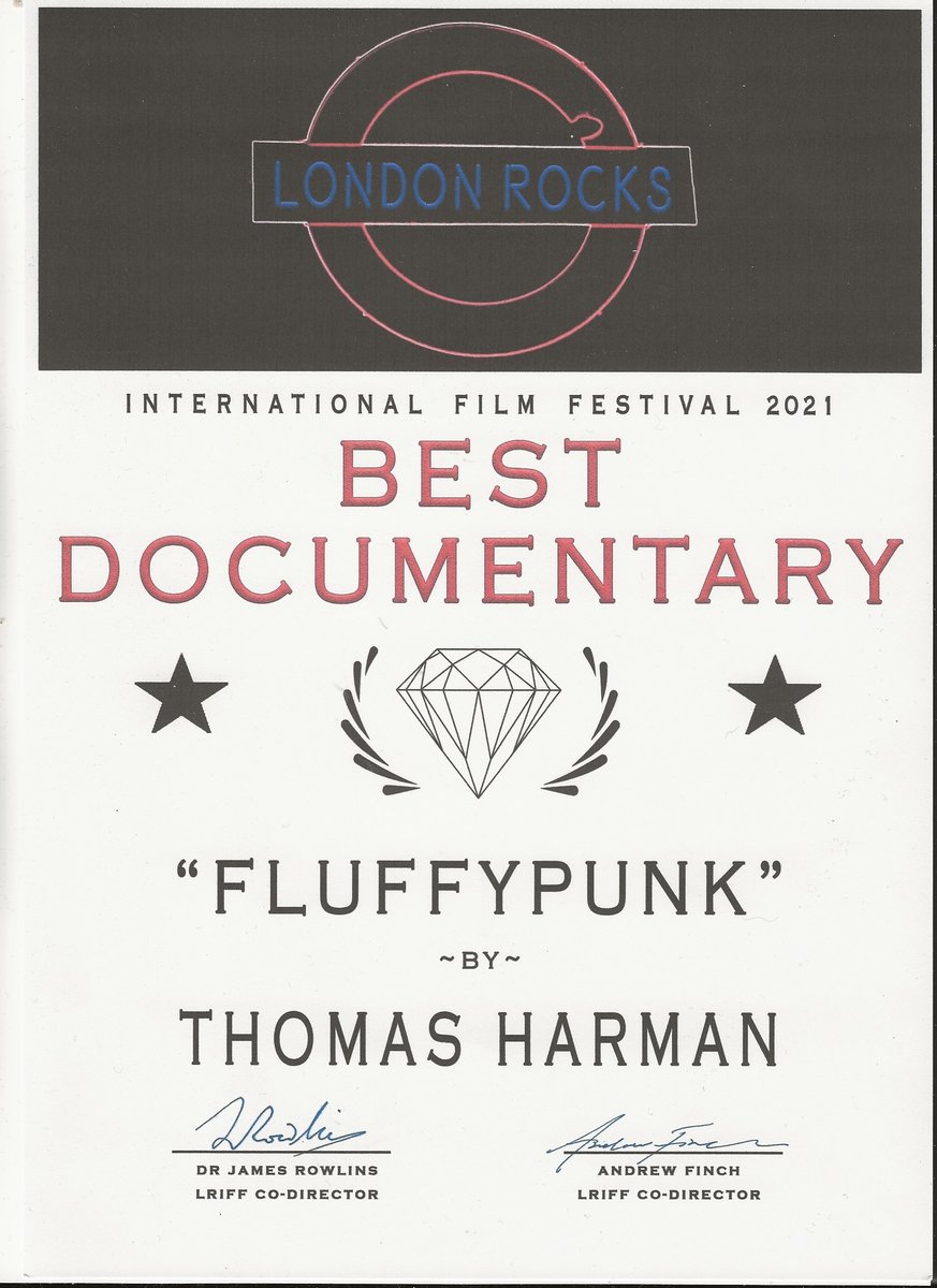 thomas_harman's tweet photo. So happy that our film #FLUFFYPUNK has Won this years Best Documentary at London Rocks International Film Festival 2021 @film_rocks @WhirledCinema! Thank you so much to James Rowlins &amp; Andrew Finch &amp; the whole #LRIFF Team for this Award!

#AwardWinning #Film #Brixton #LoveLondon https://t.co/9tbrGoIrnD