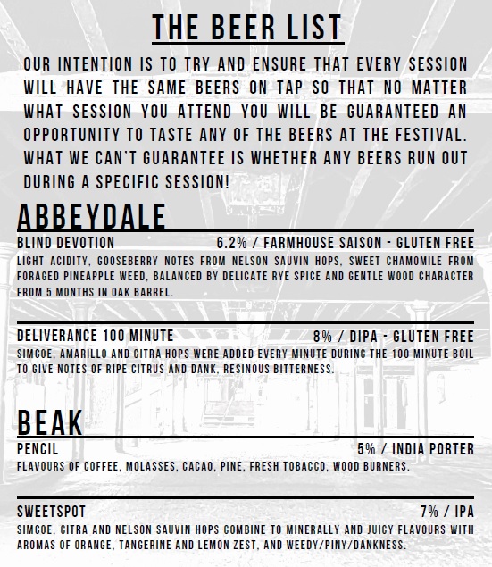 MXVbeerfest's tweet photo. Here it is! The full beer list for MXV Festival (A-F on this tweet) this Friday 12 and Saturday 13 November.  don't miss out on 52 beers pouring in every session from 26 of UK's best craft breweries. Tickets:https://t.co/q2OVNotA2g
Let us know which ones you are excited to try! https://t.co/655CtAq4Dz