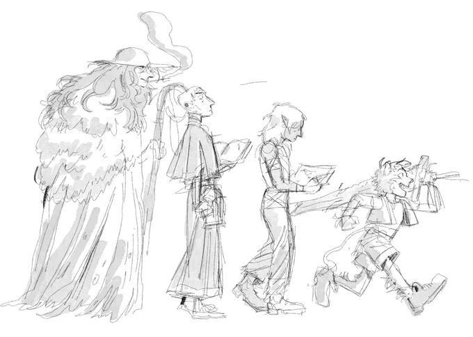 Some sketches of our group for a one shot dmed by the wonderful @JGraceArt with @AustenWeitzel and @DefaultWinter 
(with a bonus sketch of @pileofrox 's character's astral form) 