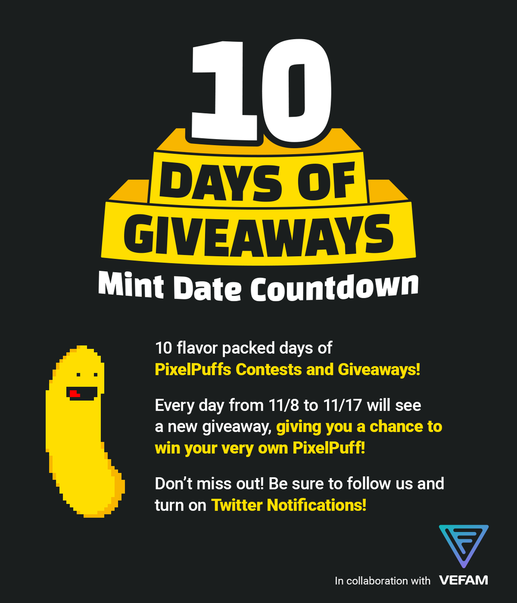 PixelPuffs_NFT's tweet photo. #PixelPuffs Day 1 of our "10 Days of Giveaways" is  underway &amp; we are going BIG!

🎁 PRIZE PACK:
✅ 1 PixelPuff
✅ 1 VeGhost
✅ 1 VeKing
✅ 1000 #VET

How to Enter:
1⃣ Like &amp; Retweet
2⃣ Follow us &amp; @vefamofficial 
3⃣ Tag your favorite #VNFT projects

#NFT #VET #NFTGiveaways https://t.co/2CJubatDA4