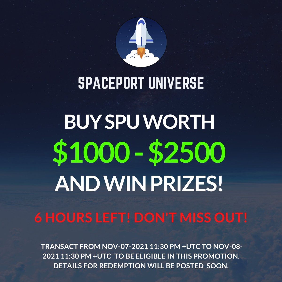 BUY SPU WORTH 7:30 PM EST AND WIN PRIZES! 🎁🔥

Details for redemption will be posted soon. ✅

#SpacePortUniverse