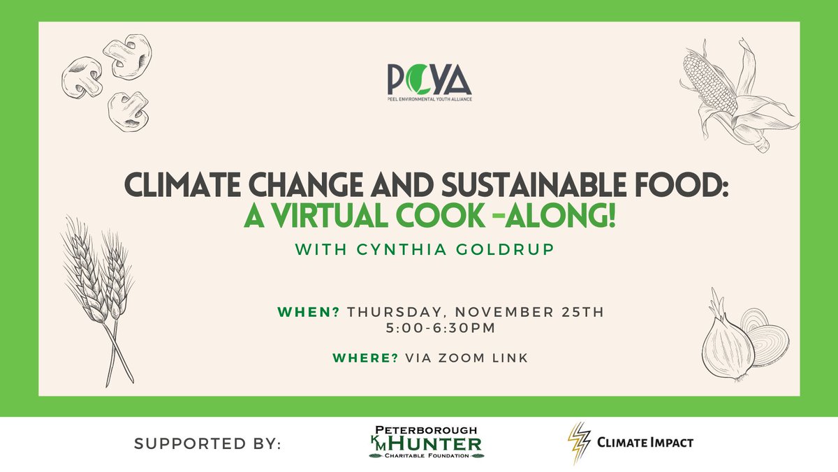 Calling all youth foodies! PEYA is excited to invite you all to our Climate Change and Sustainable Food Cook-Along. Ingredient kits will be provided and details for pick up will be provided in the registration form. Sign up now to secure a spot! eventbrite.ca/e/201715294877
