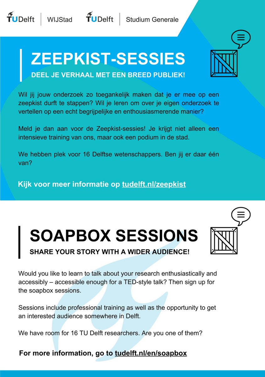 Wetenschappers aan de <a href="/tudelft/">TU Delft</a> kunnen weer inschrijven voor de Zeepkistsessies! Deel je onderzoek met een (heel) breed publiek in de stad. Je krijgt een training en een podium 😎 Meer info en aanmelden via tudelft.nl/zeepkist <a href="/sgtudelft/">Studium Generale TU Delft</a> <a href="/RoyMeijer/">Roy Meijer ロイ マイヤー</a>