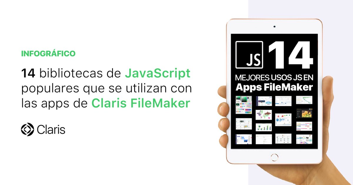 es_claris's tweet photo. Haz clic en cualquiera de los 14 ejemplos de bibliotecas de #JavaScript que aparecen en el siguiente #infográfico para acceder al código, copiarlo, pegarlo y configurar la app #FileMaker 

Descarga aquí ➡️  https://t.co/3wPzLpE1L8 

#lowcode #nocode #Claris #FileMakerDevelopers https://t.co/HaZpOPY226
