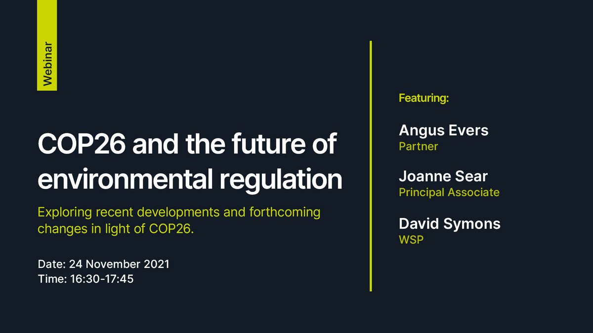 #COP26 and the future of environmental regulation - is your business affected by environmental regulation? 

We're hosting a webinar to explore recent developments and forthcoming changes in light of <a href="/COP26/">COP26</a> ⤵️

Register: ow.ly/gL4E50GICh5
