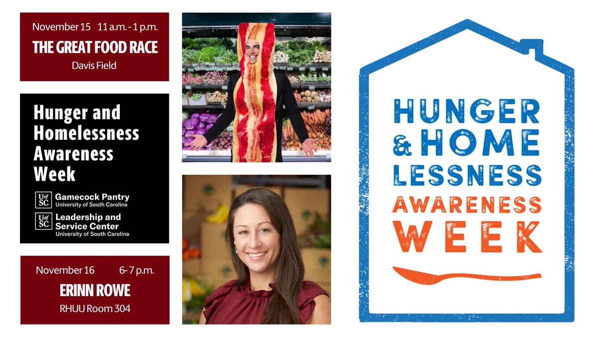 UofSC_LSC's tweet image. Our Hunger and Homelessness Awareness Week programming starts next Monday! There is still time to register to participate in the inaugural Great Food Race. We look forward to hosting @HarvestHopeFB CEO and @UofSC_HRSM @MooreSchool graduate @ErinnPRowe to campus next Tuesday!