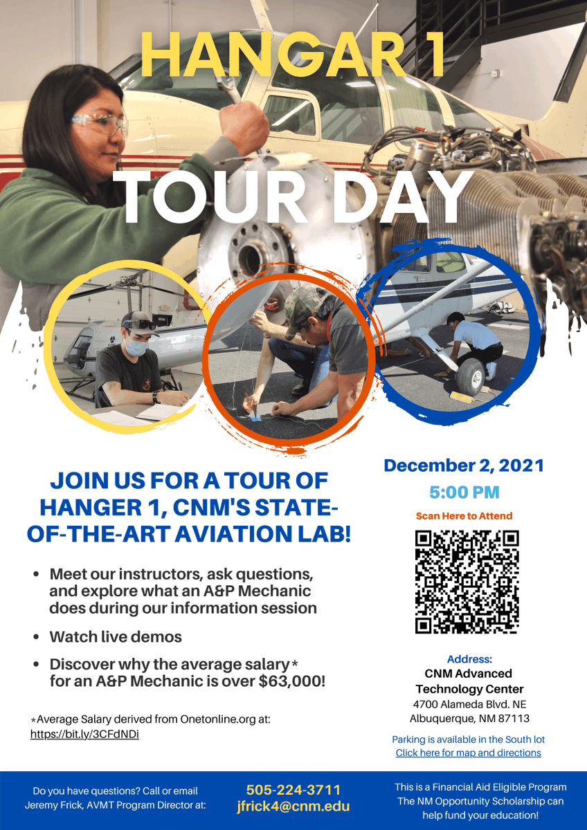 cnmats's tweet photo. Join us Dec. 2nd at 5PM MST for a tour of Hangar 1, CNM's state-of-the-art Aviation Lab located at the CNM Advanced Technology Center. Stay for an information session, live demos, and to learn about becoming an A&amp;P Mechanic. Sign up here: https://t.co/WgZ9Ojgctz https://t.co/6oNkfLl0yk
