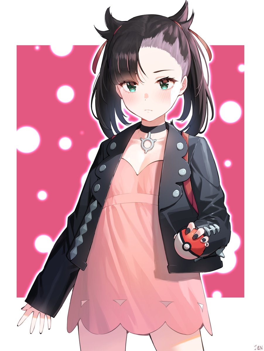 nidu4s's tweet photo. https://t.co/3dprFVql4g #pokemon #pokemon_game #pokemon_swsh #nintendo #marnie_pokemon #arjent #single #long_hair #tall_image #blush #fringe #highres #black_hair #standing #twintails #green_eyes #nail_polish #open_jacket #girl #dress #choker #jacket #pink_dress #pokeball https://t.co/NHxlTKmjwh