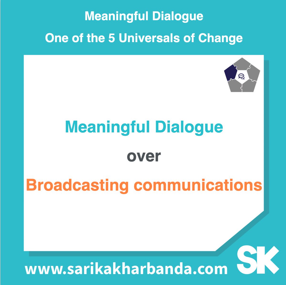 SarikaKharbanda's tweet photo. Meaningful Dialogue is one of the 5 Universals of Change

https://t.co/pwMnTx3G27

#leanchange #perspectivesofchange #changemanagement #change #changeleadership #navigatevuca #futureofwork #futureofworkplace #hr #humanresources #leadership #modernchange #changeagility https://t.co/6NY261I8qA