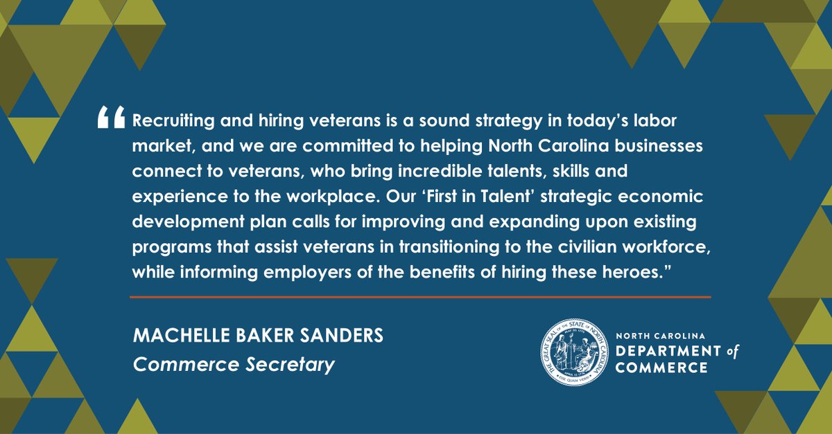 NCCommerce's tweet photo. It's officially Employ a Veteran Week in North Carolina! Here's Secretary Sanders' statement on strength of our veteran workforce: https://t.co/nzzbliBzSD