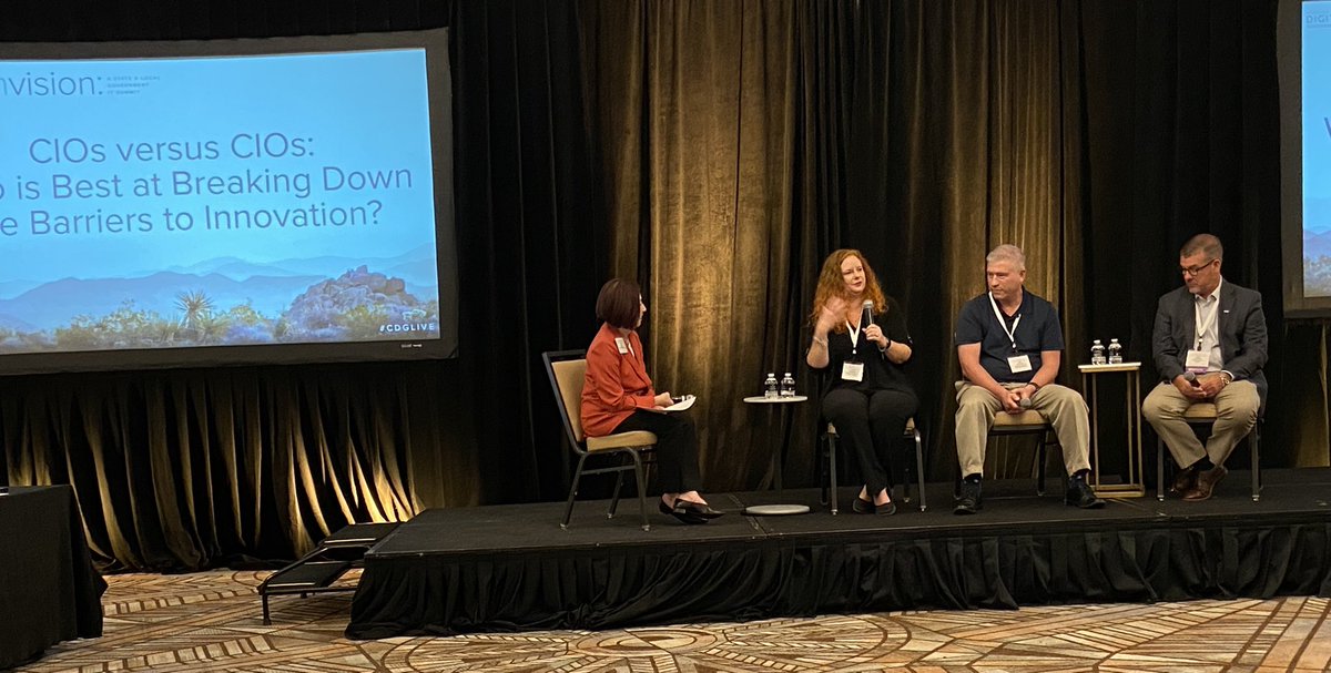susankellogg's tweet photo. Great discussion on digital vs innovation vs information officer as @NCSCIO, Lea Eriksen and Carl Marsh explain with @teritakai moderating! #cdglive @NCDIT @eRepublic https://t.co/9ZJKrtH0H2