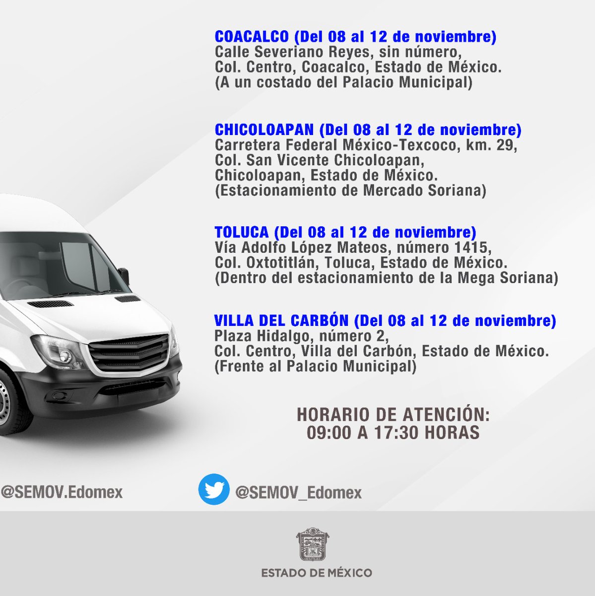 Consulta los municipios donde estarán ubicadas las Unidades Móviles de expedición de #LicenciaDeConducirEdoméx de servicio particular, del 8 al 12 de noviembre, y acude a realizar tu trámite.

Consulta más información 🌐 smovilidad.edomex.gob.mx/licencias_perm….