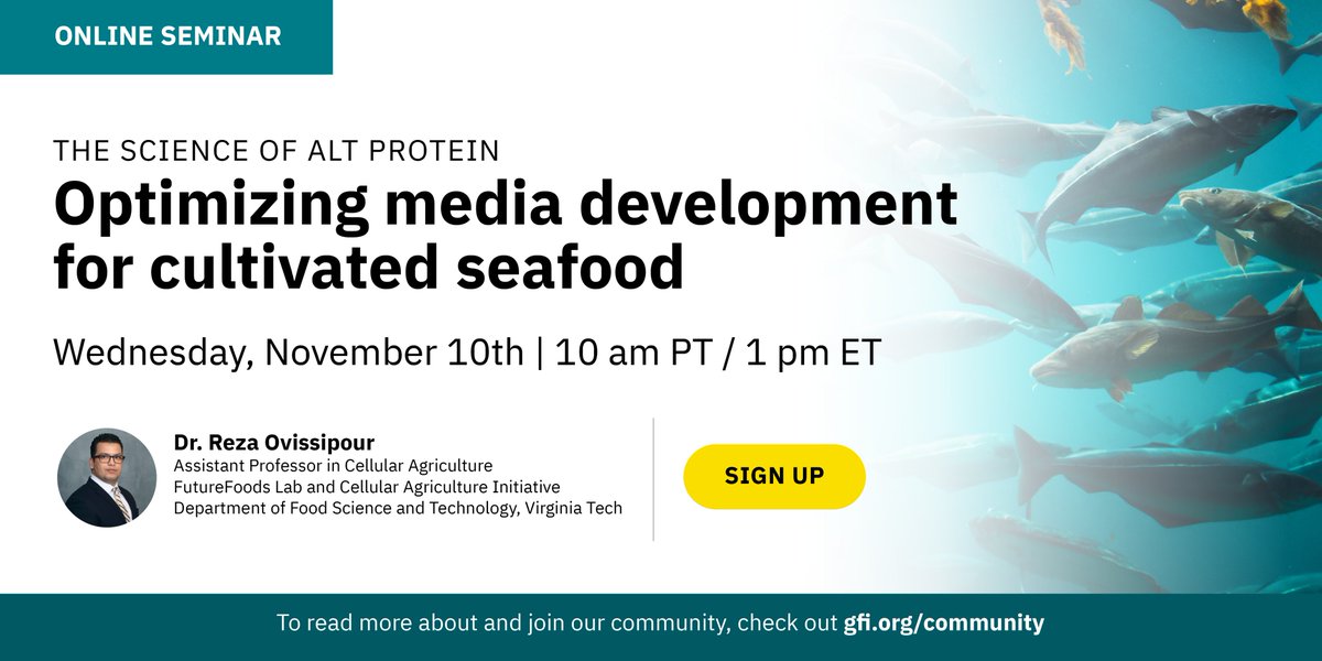 GoodFoodScience's tweet photo. Join us Wednesday to hear @VTFoodScience Assistant Professor in Cellular Agriculture, @RezaOvissipour, speak about his GFI-funded research and his role in the newly formed National Institute for Cellular Agriculture. 

Register here: https://t.co/1Rg3QHVnzF https://t.co/XBIgZkxUOR