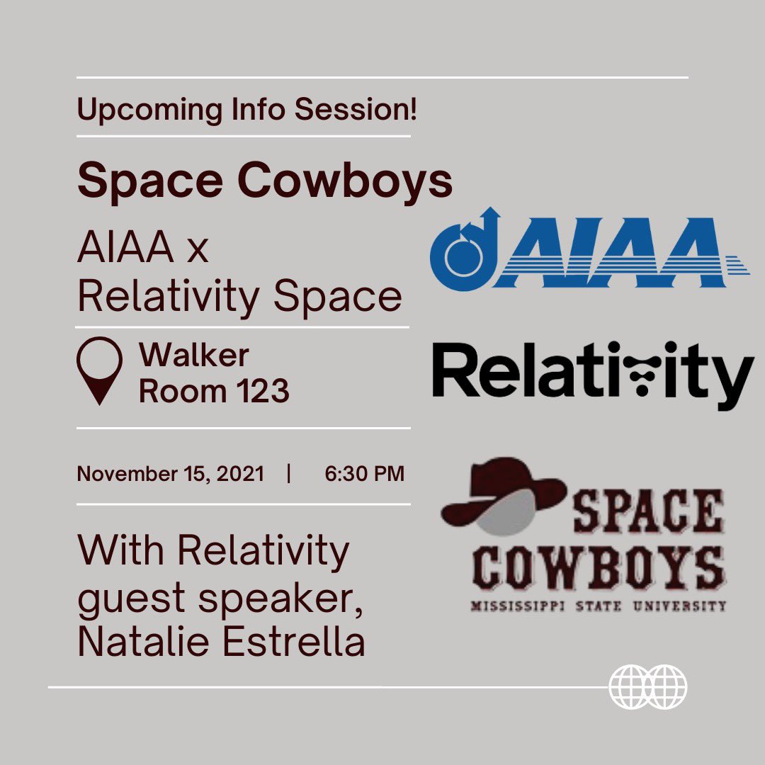 Join us next Monday for our info session with <a href="/relativityspace/">Relativity Space</a> and <a href="/aiaa/">AIAA</a> at 6:30pm at Walker 123!! We have guest speaker, Natalie Estrella so you won't want to miss it!🤠 #MSUSpaceCowboys