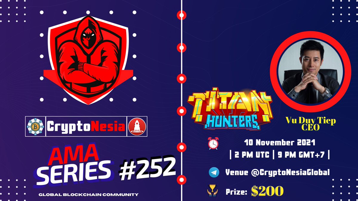 CryptoNesia2019's tweet photo. CryptoNesia X Titan Hunters #AMA with MINIGAME!
Prize $200
๐Rules
- Play game at https://t.co/pKSVB1aREX
- Follow @CryptoNesiaReal & @Titan_Hunters
- Screenshot score, tag 2 friends & share on FB/ Twitter using #AMA #TitanHunters $TITA #CryptoNesia
๐Nov 10th 2PM UTC! https://t.co/pSlgAIQqNi