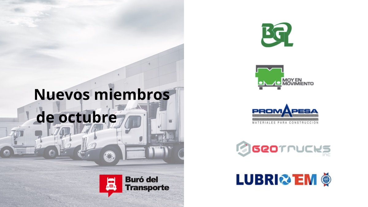 BuroTransporte's tweet photo. Damos la bienvenida a nuestros nuevos miembros del mes de octubre:
Moy en Movimiento, Ver Perfil: https://t.co/qrXHWBdcyL
@geotrucksinc, Ver Perfil: https://t.co/CCO3L4ohib
LUBRITEM, Ver Perfil: https://t.co/qSqUbgxtR3 https://t.co/ueSpQfaMiG