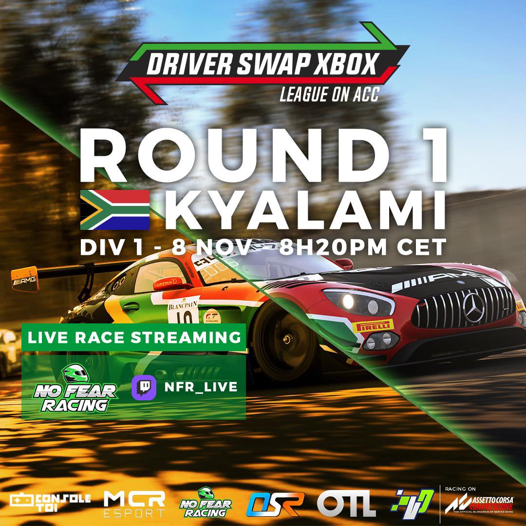 Ce soir 20h20, 1ère manche de la Driver Dwap Xbox League avec la Div 1 et ses 20 duos de pilotes. Je devrais être au micro avec l’équipe de la <a href="/NoFearRacingOff/">No Fear Racing</a> en tant qu’intervenant. Rdv sur twitch.tv/nfr_live #acc #xbox
