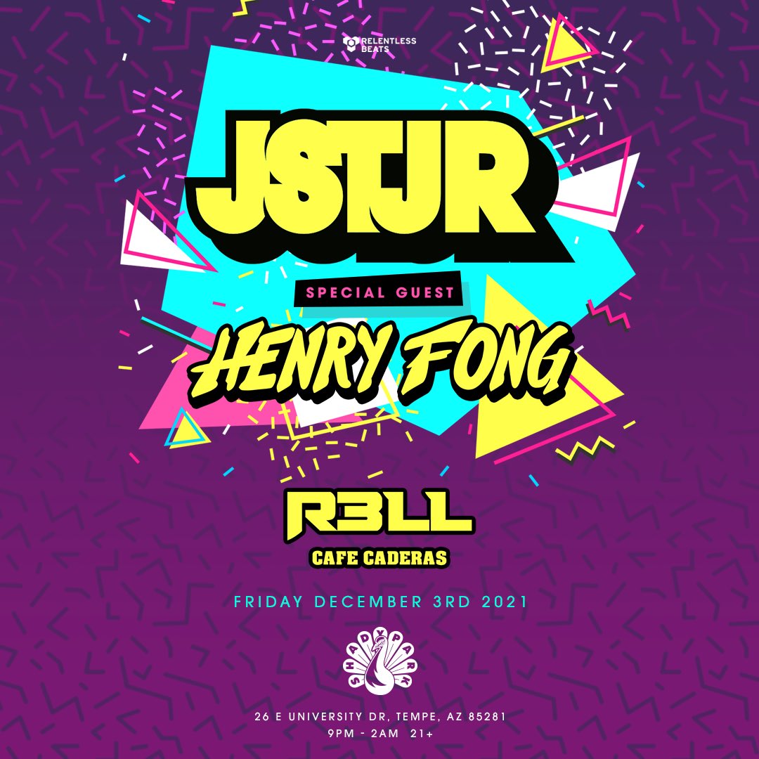 come break your hips with <a href="/jstjr/">JSTJR</a> <a href="/henryfong/">Henry Fong</a> <a href="/itsr3ll/">R3LL</a> and I 🚨🚨🚨 come party with us December 3rd @shadyparktempe 🥳 ☕️💃🏽

tickets : <a href="/relentlessbeats/">Relentless Beats</a>