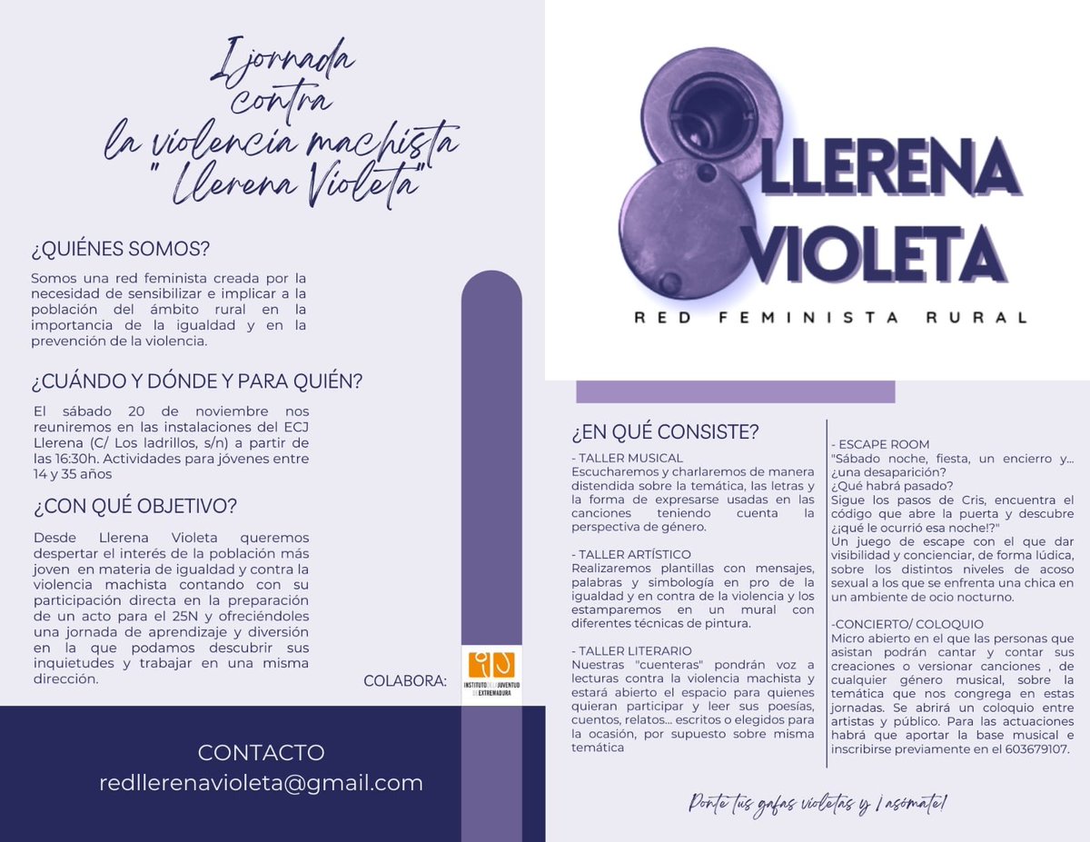 GranadaRepubli1's tweet photo. I jornadas contra la violencia de género en el Centro Joven de Llerena. Organiza"Llerena Violeta"
#centrojovenllerena #llerena #IJornadasViolenciaGenero #LlerenaVioleta #asomate https://t.co/mcuRthN3FZ