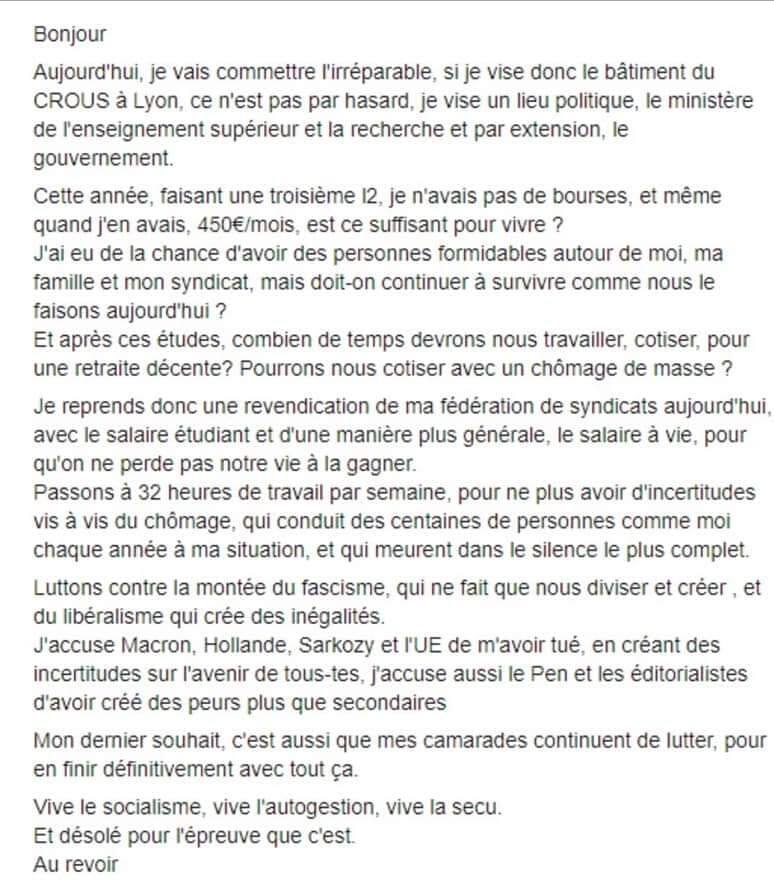 SolEtuLyon's tweet photo. Il y a 2 ans jour pour jour, notre camarade Anas, syndicaliste à Solidaires Étudiant-e-s Lyon, tentait de s'immoler par le feu devant le siège du CROUS Lyon. Dans un texte publié sur sa page Facebook, il tenait pour responsables l'inaction politique de "Hollande, Macron, l'UE.." https://t.co/J8WrhM36GT