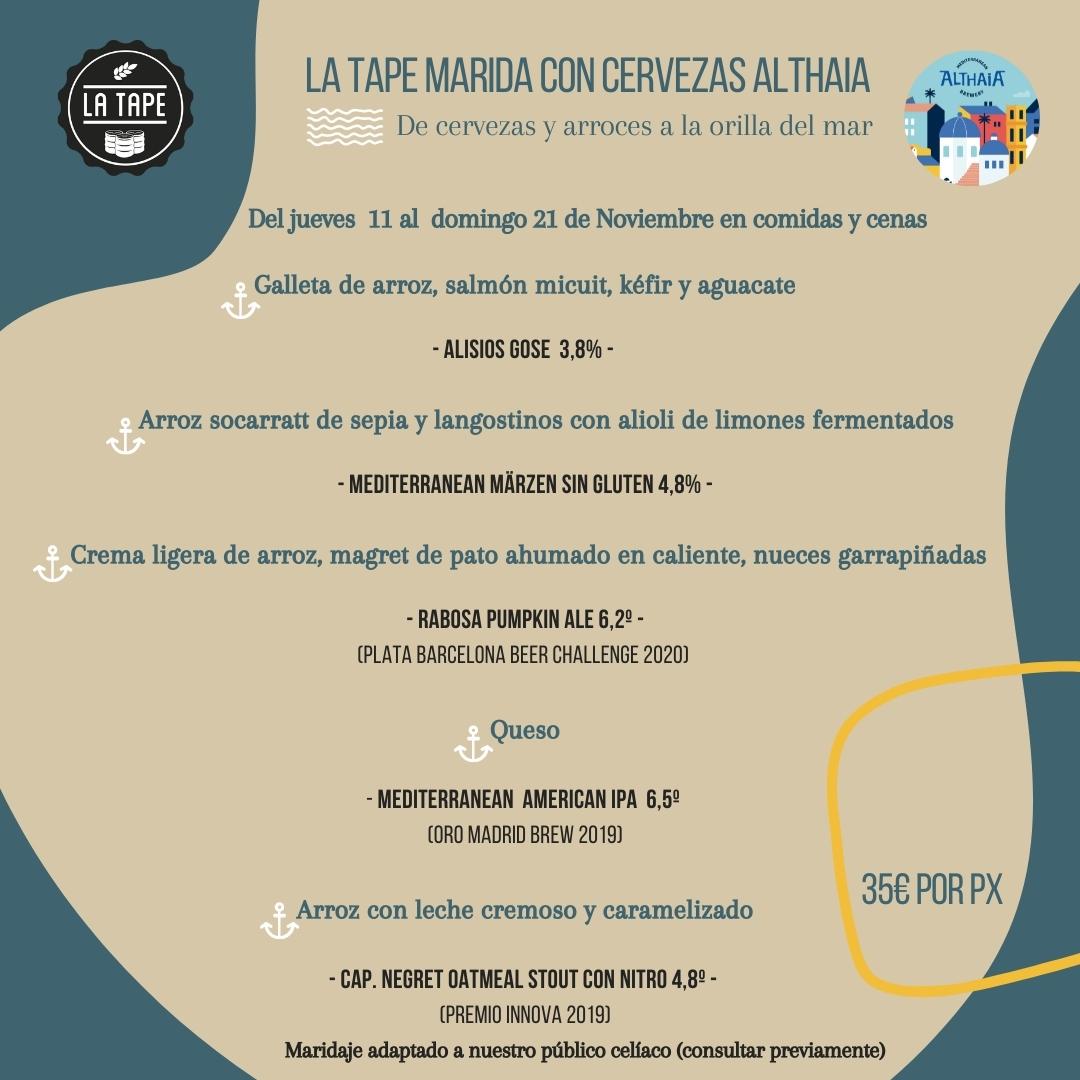 Este Jueves  11 de noviembre doble Planazo en La Tape Madrid 🍽️👍
 ⚡19:30 h Cata con aperitivos <a href="/Cervezas/">Cervezas</a> Althaia + Meet the Brewers
⚡ 21:30 h Cena presentación La Tape marida con Cervezas Althaia
mtr.cool/zorcyokfnq
#craftbeer #madridcervecera #cervezasartesanas #cata