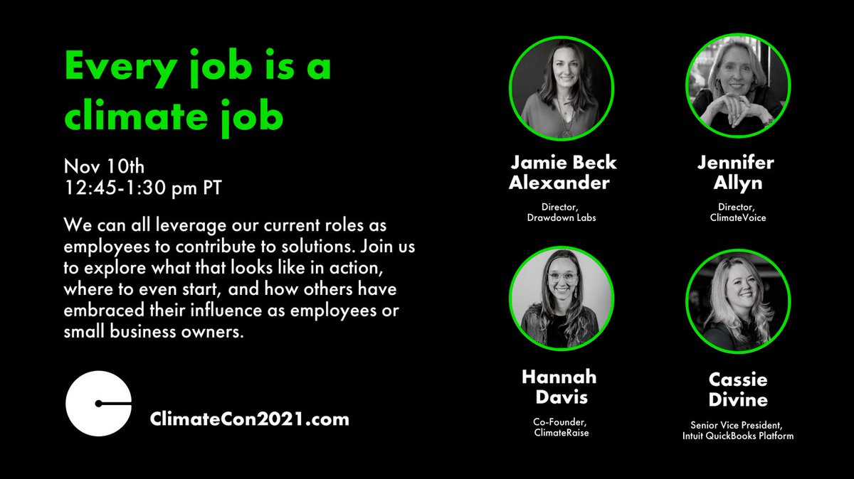 We can all leverage our current roles as employees or small business owners to contribute to solutions. 

Join <a href="/JaBeckx/">Jamie Alexander</a>, <a href="/DivineCassie/">Cassie Divine</a>, <a href="/HRDavis11/">Hannah Davis</a> &amp; #JenniferAllyn in this session to explore what that looks like in action.

climatecon2021.com
#cop26 #doomfreefuture