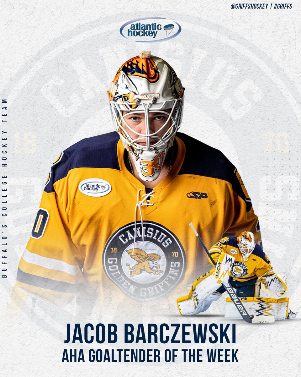 GriffsHockey's tweet photo. Congratulations to graduate student Austin Alger (@austinalger18) and junior Jacob Barczewski (@barczewski_jake) on being named the @Atlantic_Hockey Player and Goalie of Week!

📰 - https://t.co/kFlwIIe7Ic

#Griffs https://t.co/ewtX1ZXoxh