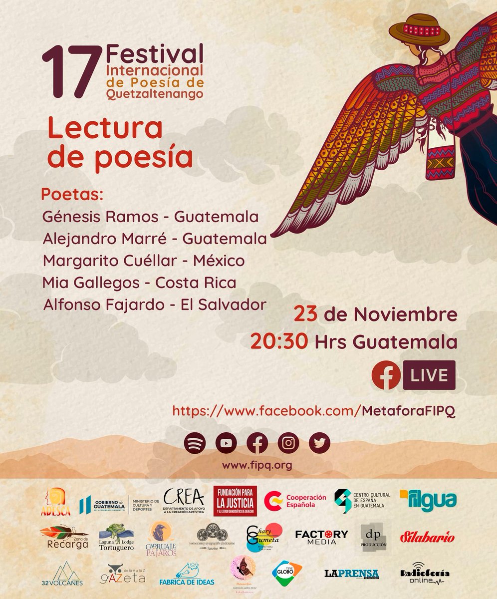 adescagt's tweet photo. Falta poco para el Festival Internacional de Poesía de Quetzaltenango. Lectura con poetas de:
 #Guatemala #México #CostaRica y #ElSalvador
📅23 de nov.
🕐20:30 hrs Guatemala
Transmisión #EnVivo en @MetaforaFIPQ
📌https://t.co/P16r4GQsFq
#ADESCA 
#AlServiciodelaCultura
#17FIPQ https://t.co/OfNELwMdU4